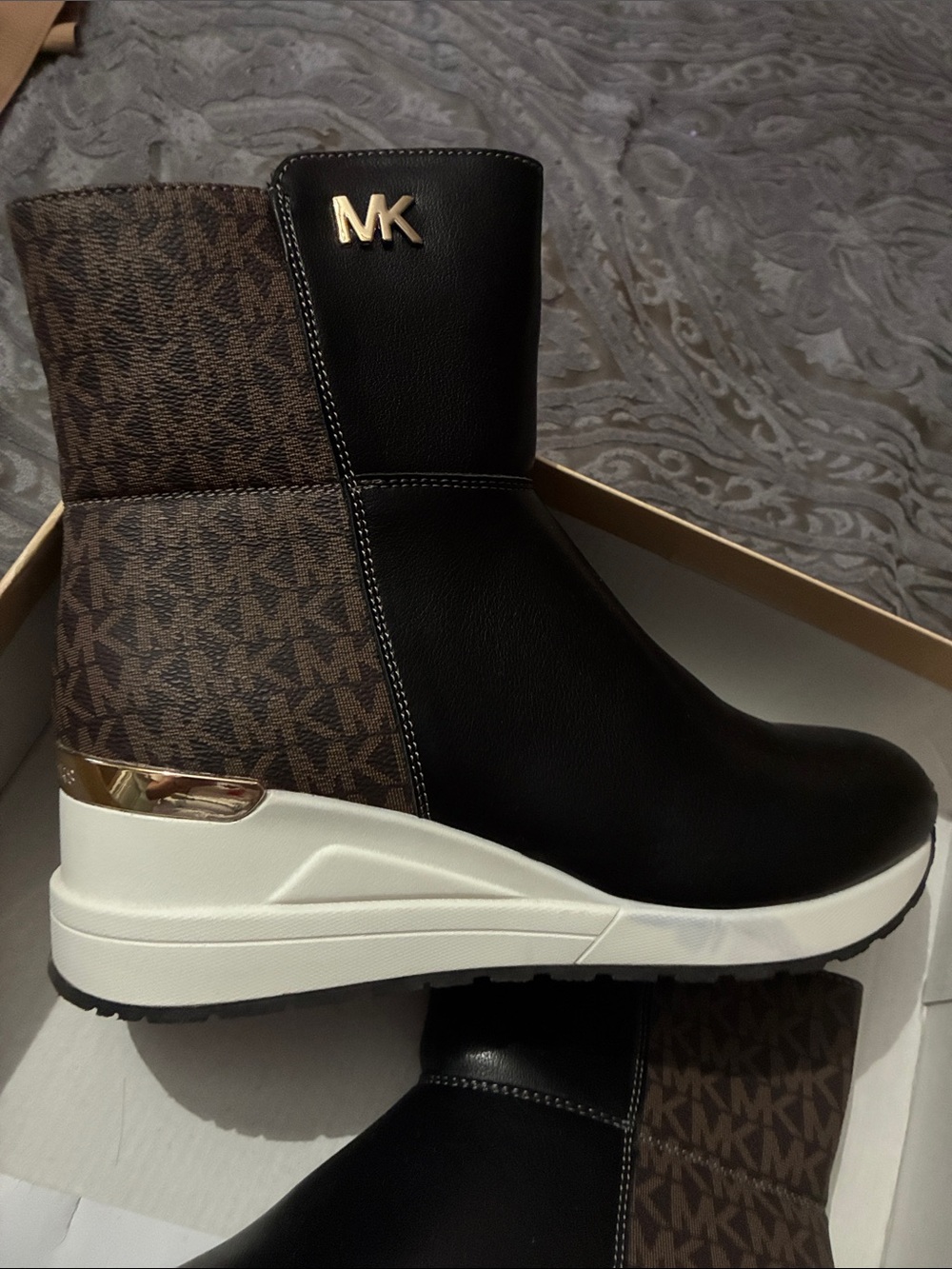 Michael Kors Black & Brown Logo Wedge Ankle Boots - Picture 3 of 5